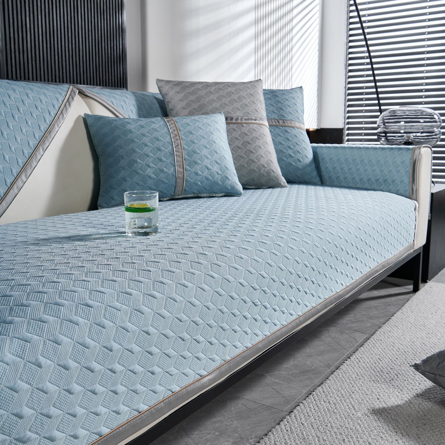 Geometric 3D Sofa Cover, Non-Slip Couch Protector for Seat, Backrest & Armrest with diamond pattern in a modern living room setting.