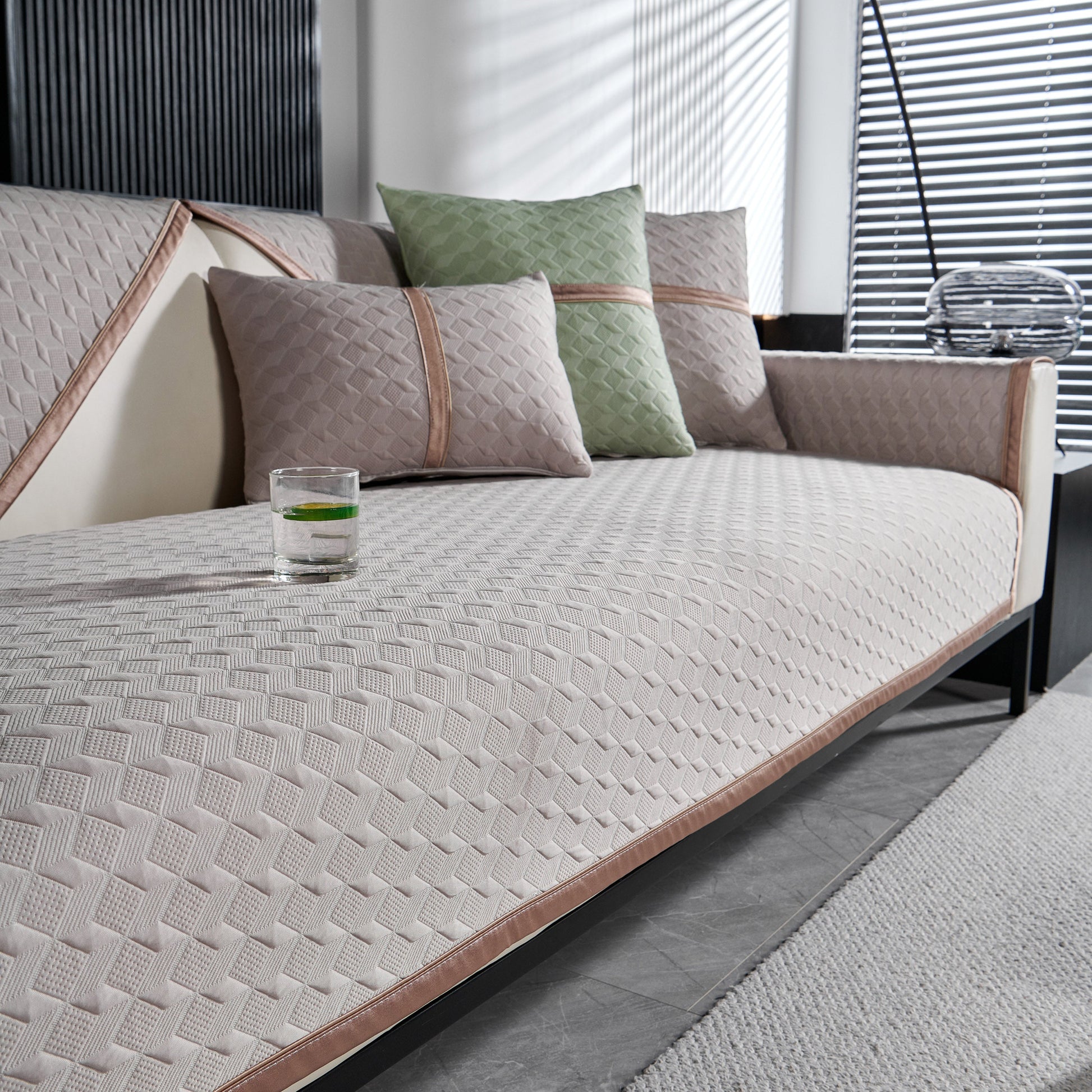 Geometric 3D Sofa Cover, Non-Slip Couch Protector for Seat, Backrest & Armrest with diamond pattern on modern sofa.
