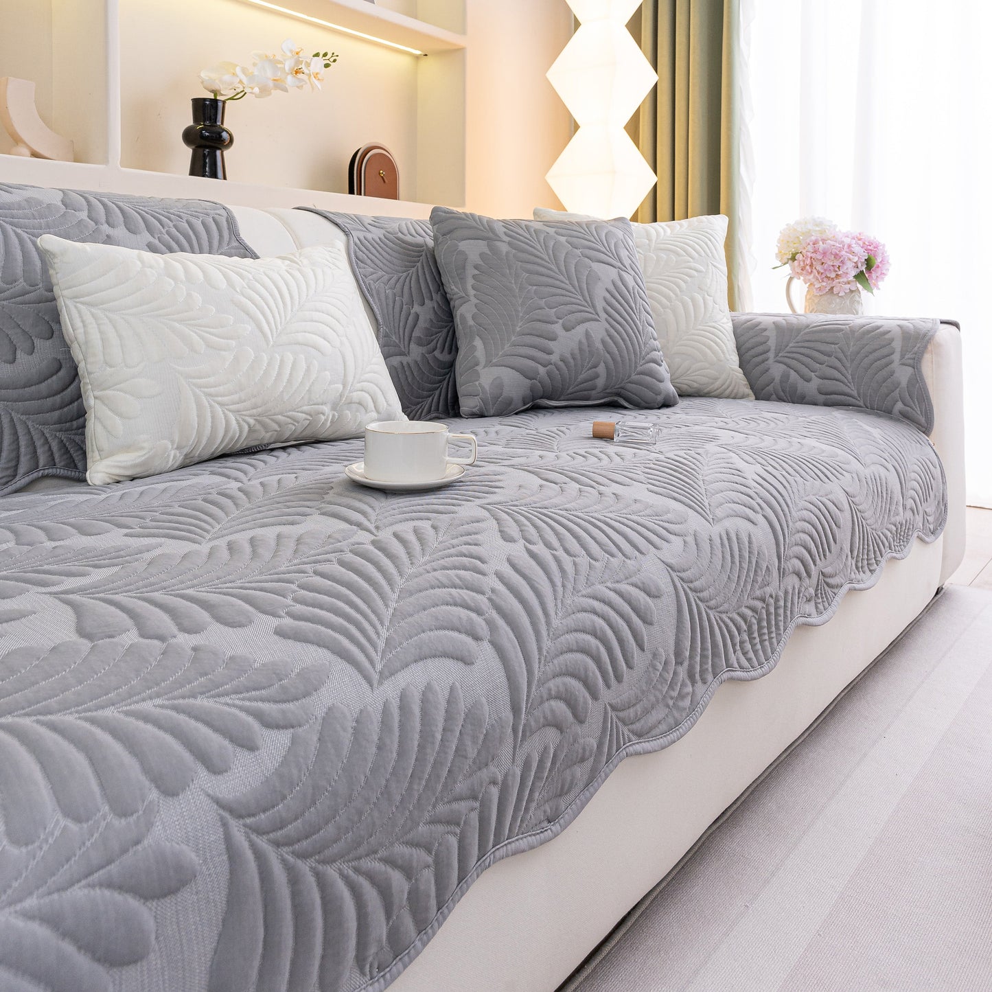 Sofa Cover for Leather & Fabric Couches, 3D Leaf Embossed Quilted Furniture Covers with Anti-Slip Back and Wave-Cut Design