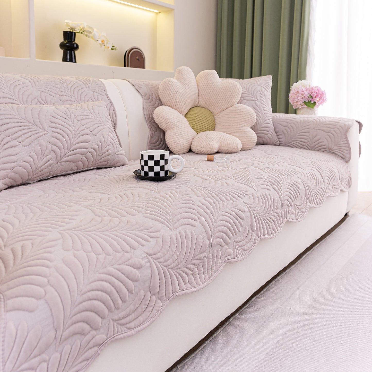 Sofa Cover for Leather & Fabric Couches, 3D Leaf Embossed Quilted Furniture Covers in living room with decorative pillow