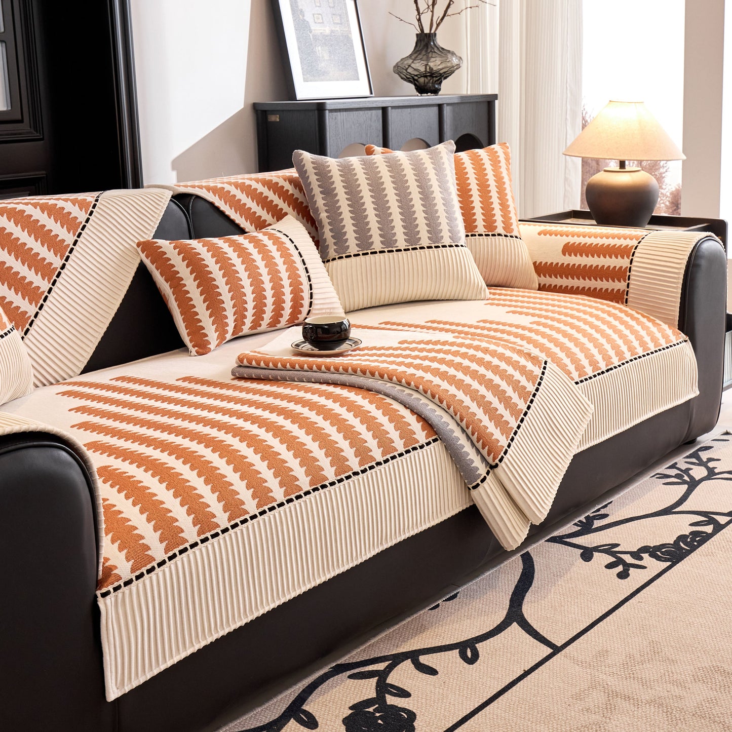 Vertical Stripes Sectional Sofa Cover Slipcover - Non-Slip, Fits L-Shape Couches, featuring geometric pattern and chenille fabric.