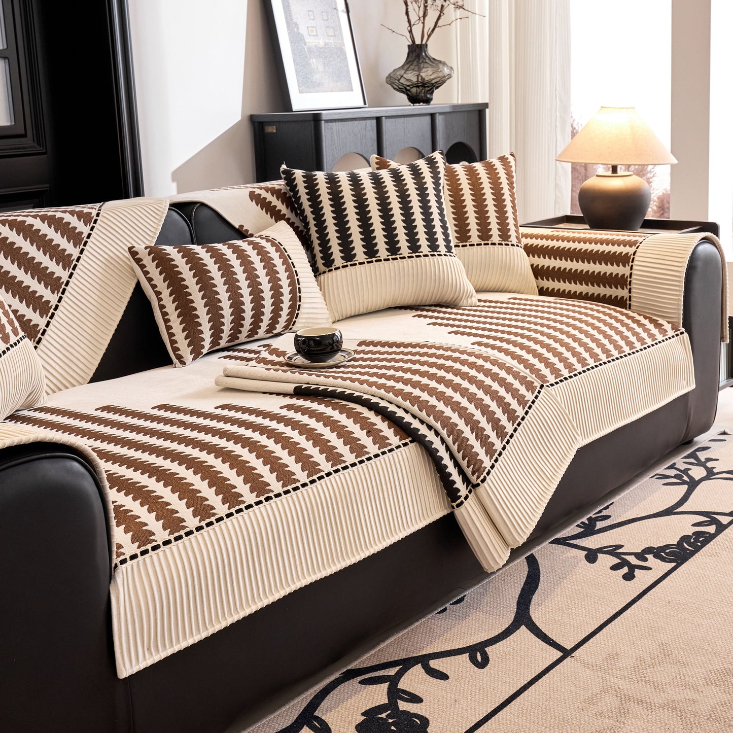 Vertical Stripes Sectional Sofa Cover Slipcover - Non-Slip, Fits L-Shape Couches with chenille fabric and silicone grips.