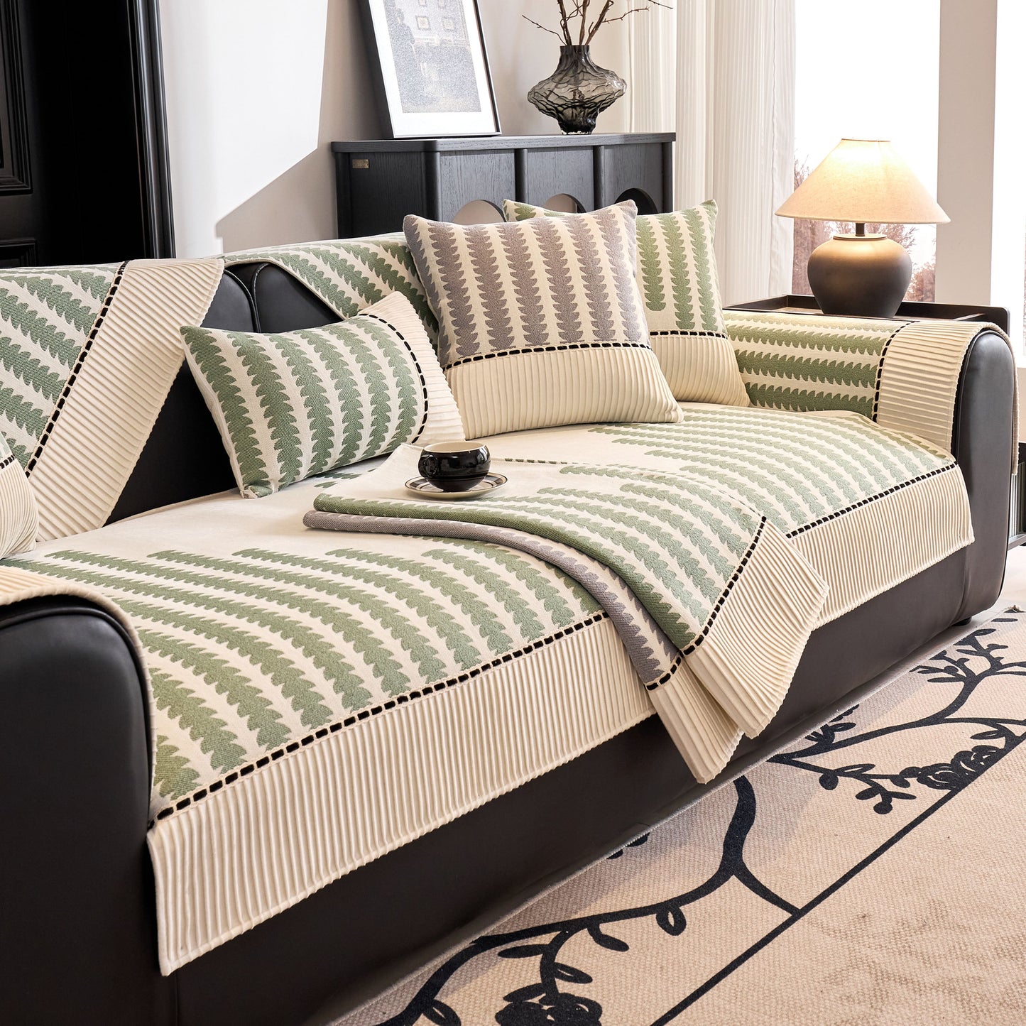 Vertical Stripes Sectional Sofa Cover Slipcover - Non-Slip, Fits L-Shape Couches with green and beige pattern