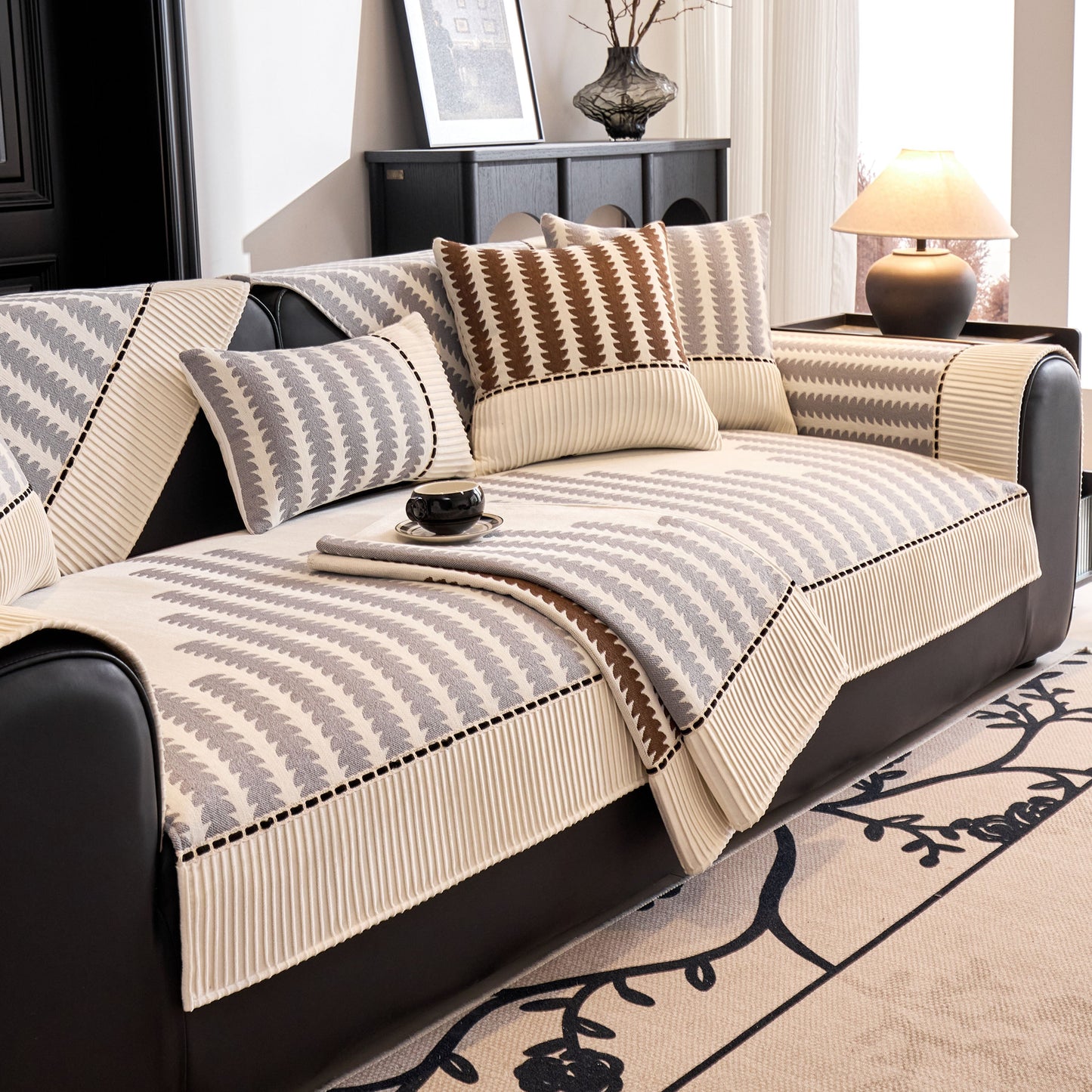 Vertical Stripes Sectional Sofa Cover Slipcover - Non-Slip, Fits L-Shape Couches in chenille fabric with geometric pattern.