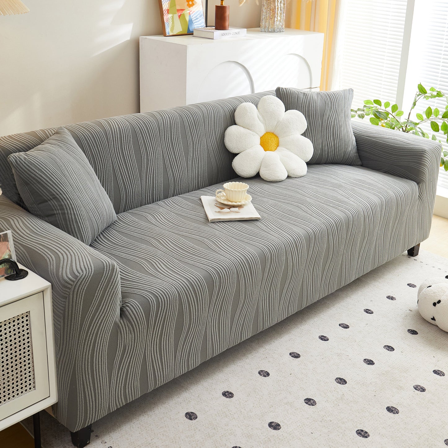 Textured Wave Stretch Sofa Couch Cover, Soft Washable Spandex Furniture Slipcovers on modern couch in living room.