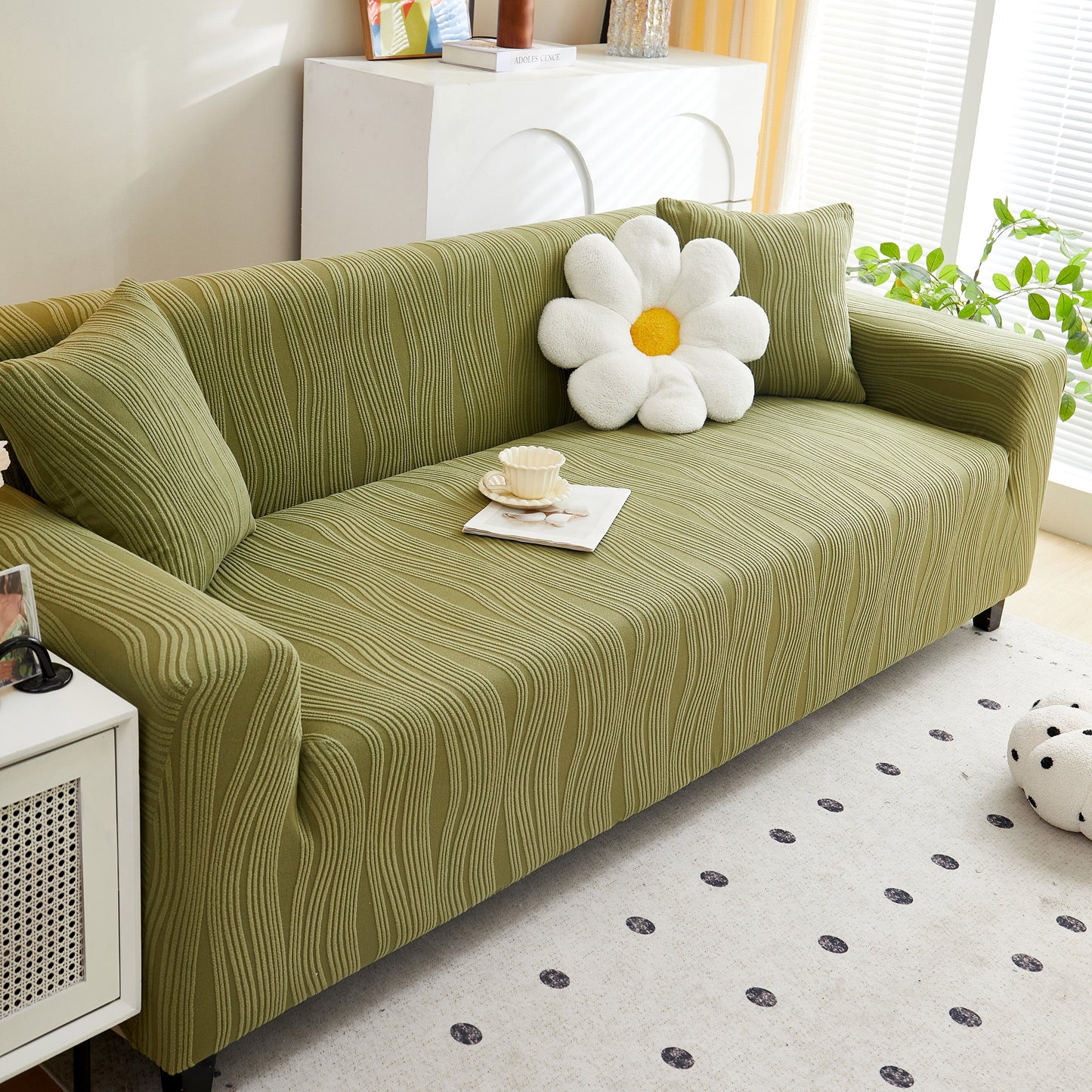 Textured Wave Stretch Sofa Couch Cover, Soft Washable Spandex Furniture Slipcovers in green with modern wave pattern.
