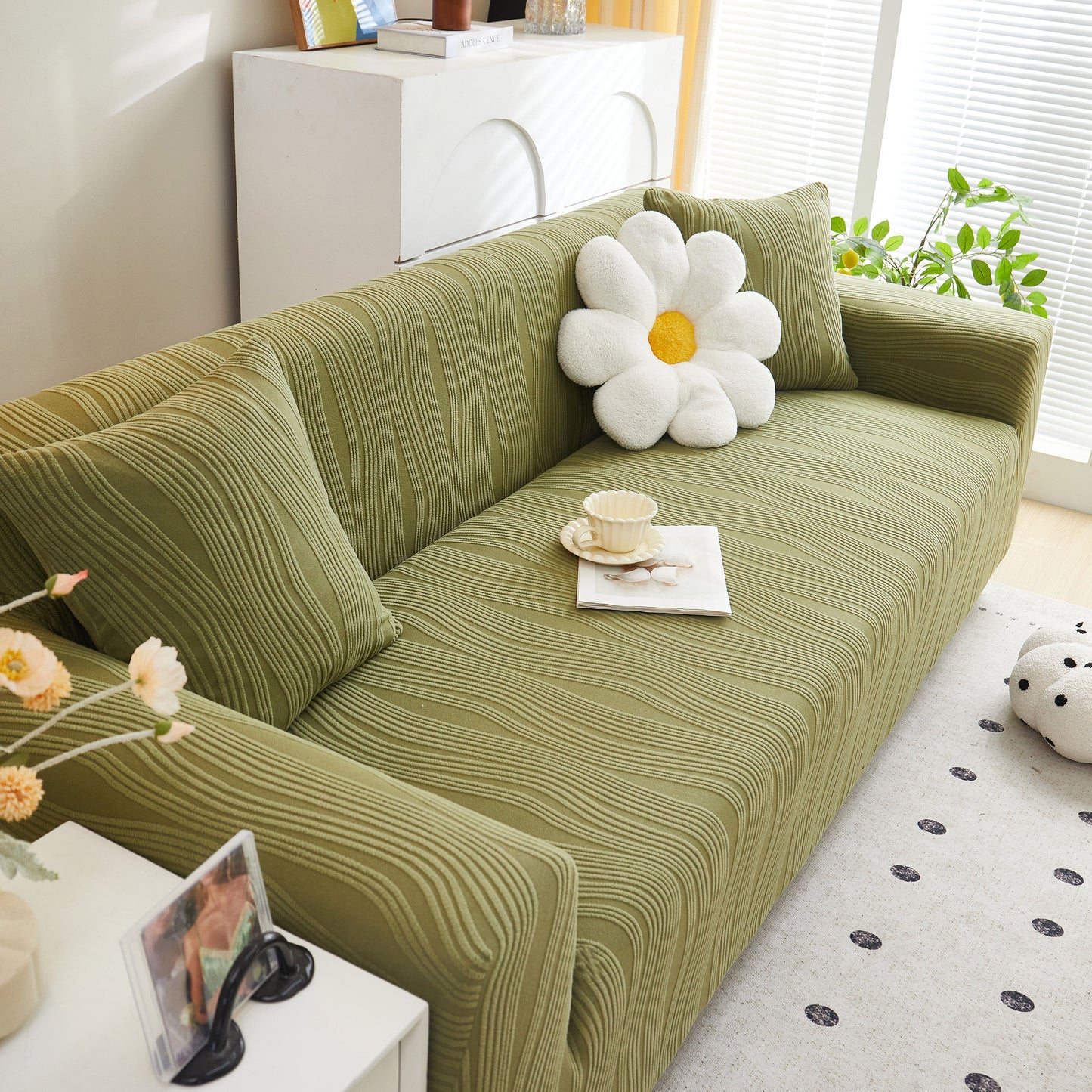 Textured Wave Stretch Sofa Couch Cover, Soft Washable Spandex Furniture Slipcovers on green couch with daisy pillow