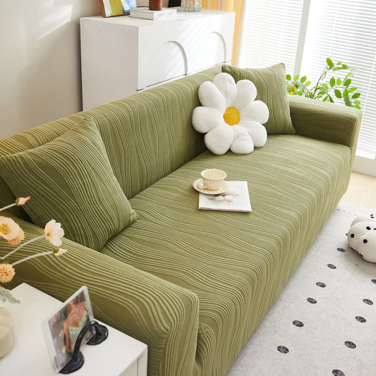 Textured Wave Stretch Sofa Couch Cover, Soft Washable Spandex Furniture Slipcovers on green couch with daisy pillow