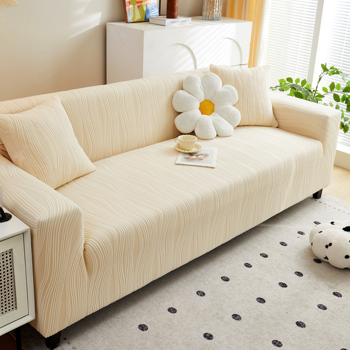 Textured Wave Stretch Sofa Couch Cover, Soft Washable Spandex Furniture Slipcovers with elegant wave pattern in a modern living room.