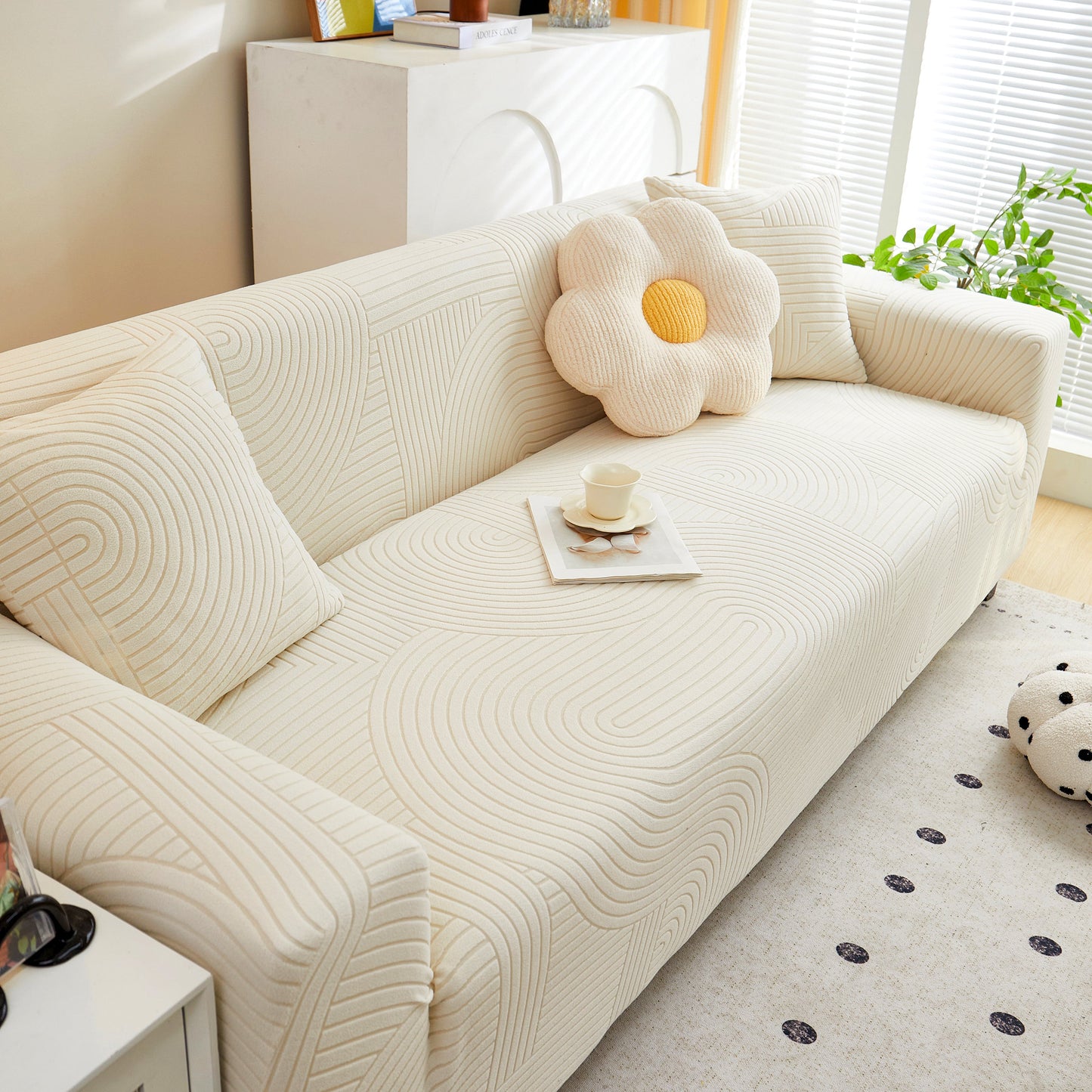 Fleece Stretch Sofa Slipcover Washable Soft Spandex Couch Cover Furniture Protector with geometric wave pattern in living room
