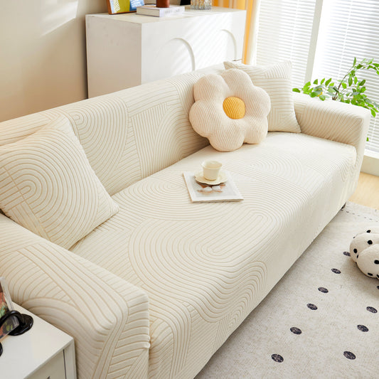 Fleece Stretch Sofa Slipcover Washable Soft Spandex Couch Cover Furniture Protector with geometric wave pattern in living room