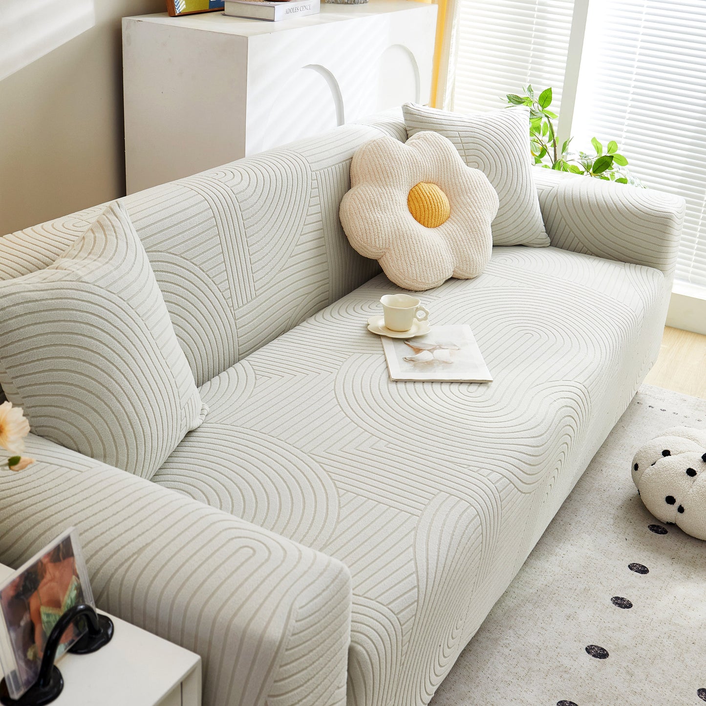 Modern Fleece Stretch Sofa Slipcover Washable Soft Spandex Couch Cover Furniture Protector with geometric wave pattern.