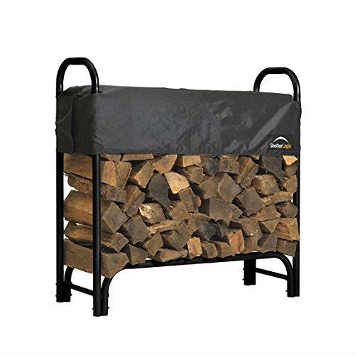 Outdoor Firewood Rack 4-Ft Steel Frame Wood Log Storage with Cover full of stacked firewood
