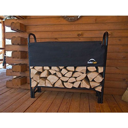 Outdoor Firewood Rack 4-Ft Steel Frame Wood Log Storage with Cover on a wooden deck