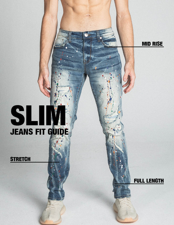 Person wearing AJ738SL-1 SPLASH PAINT VINTAGE SLIM JEANS with paint splatter, mid-rise waist, and full-length slim fit design.
