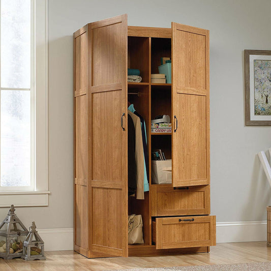 Bedroom Wardrobe Cabinet Storage Closet Organizer in Medium Oak Finish with open doors and sliding drawers in a room setting