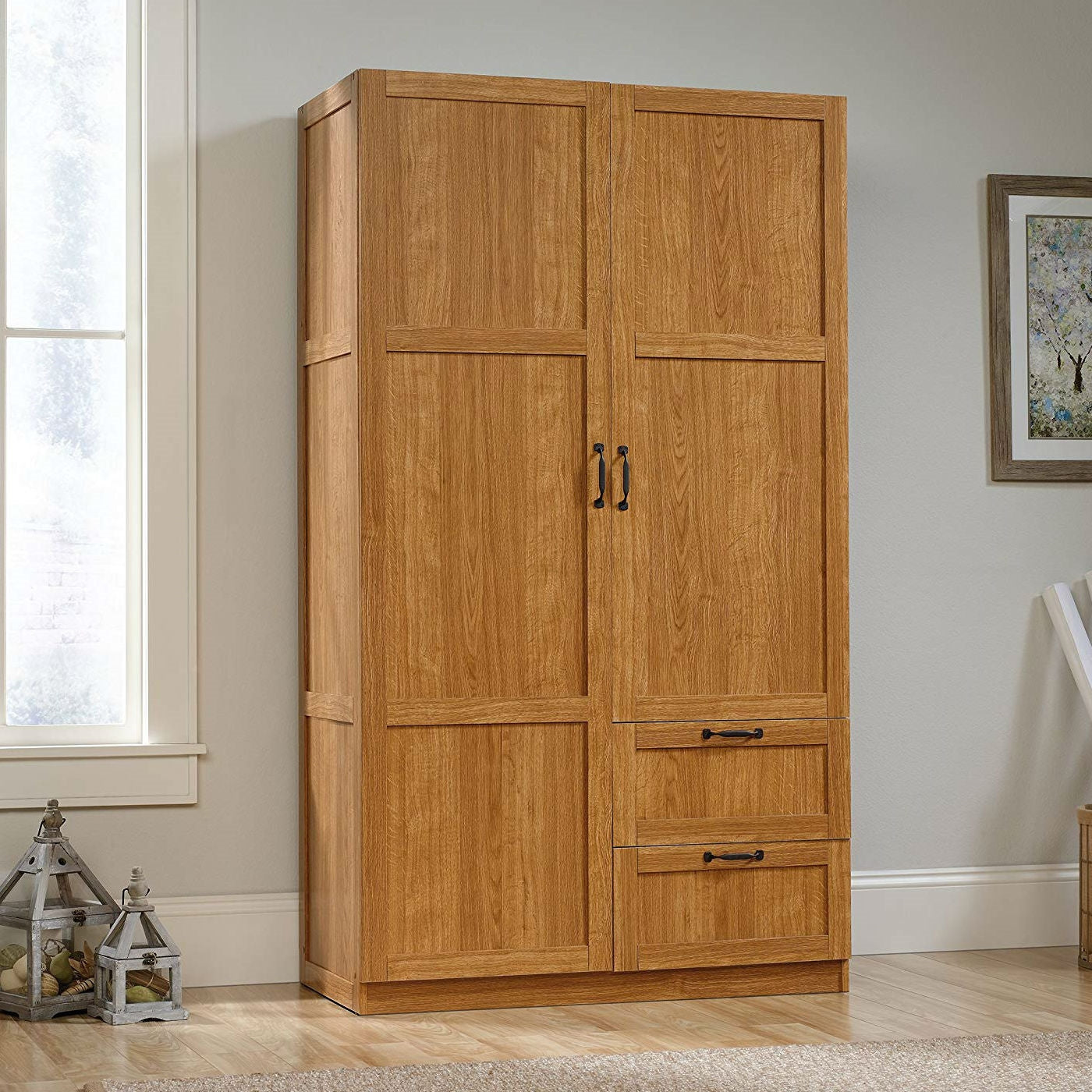 Bedroom Wardrobe Cabinet Storage Closet Organizer in Medium Oak Finish with garment rod, shelves, and drawers in a room setting.