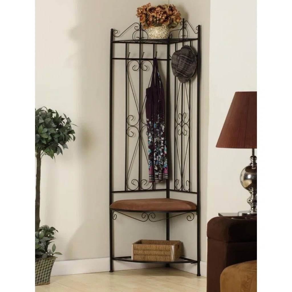 Black Metal Scrolling Corner Hall Tree Coat Rack Storage Bench with hooks and built-in storage, ideal for tight entryway spaces.