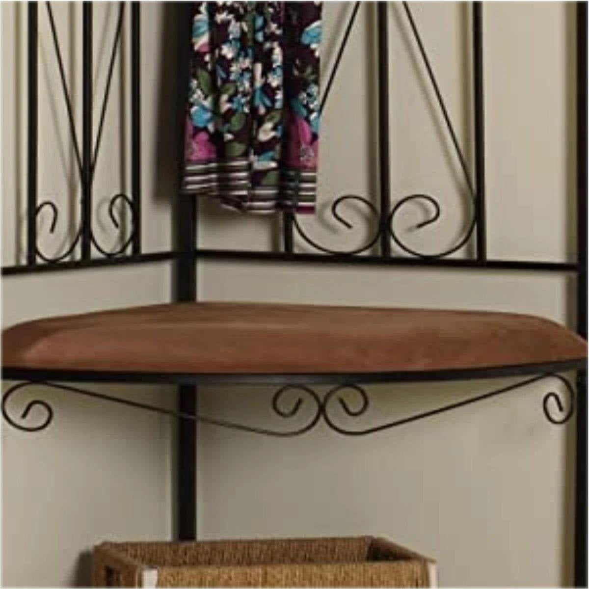 Black Metal Scrolling Corner Hall Tree Coat Rack Storage Bench with seat, showcasing its decorative metal scrollwork and wooden seat.