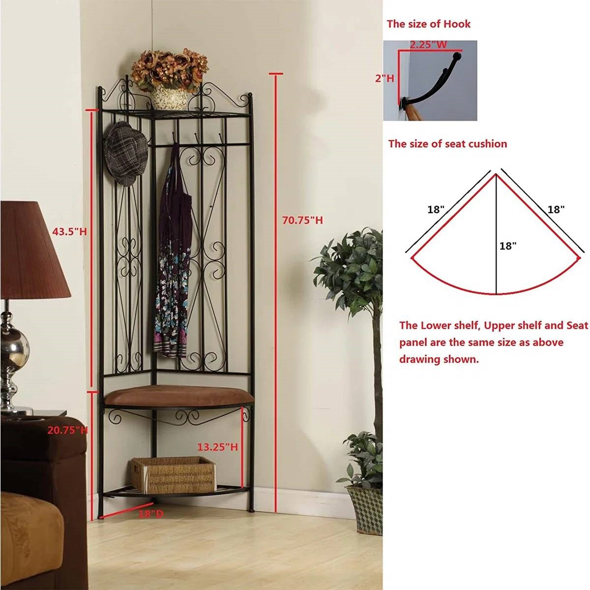 Black Metal Scrolling Corner Hall Tree Coat Rack Storage Bench in room setting with hooks and cushioned seat.