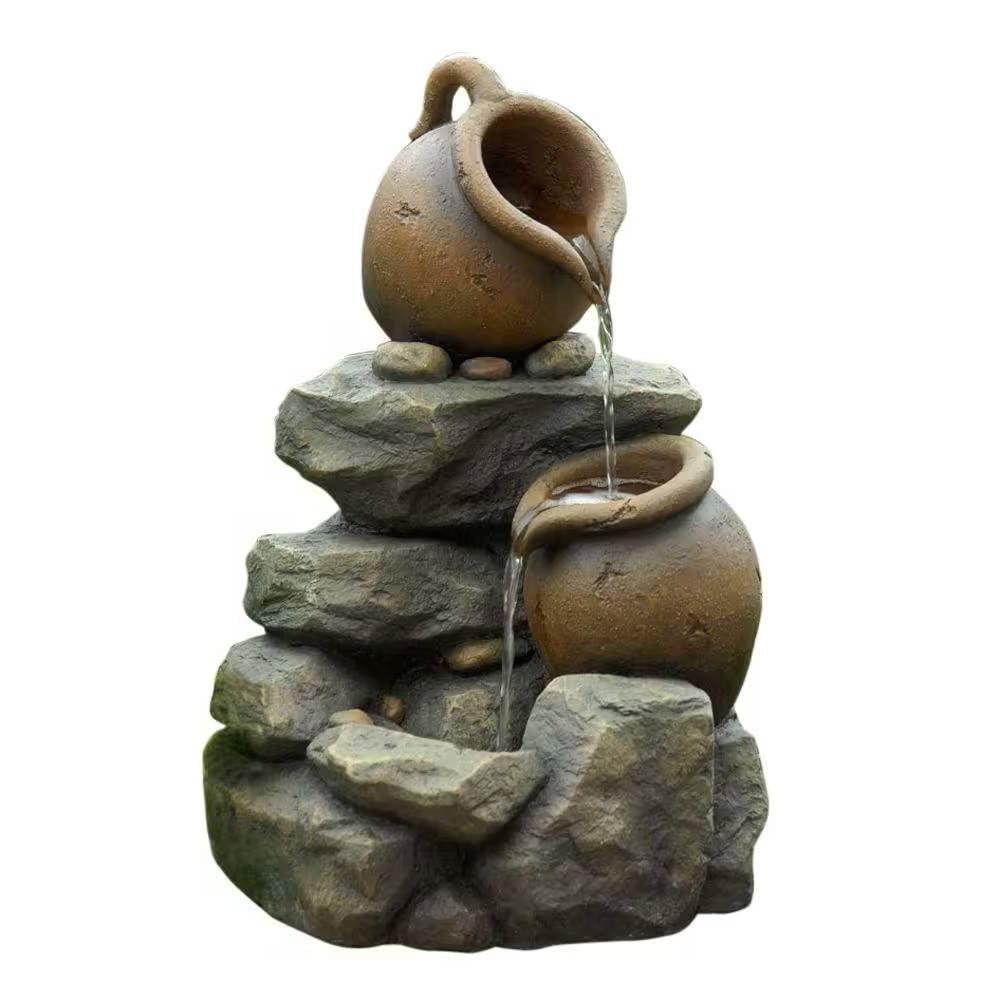 Outdoor Garden Polyresin Rock and Pitchers Waterfall Fountain with Pump featuring cascading water jars