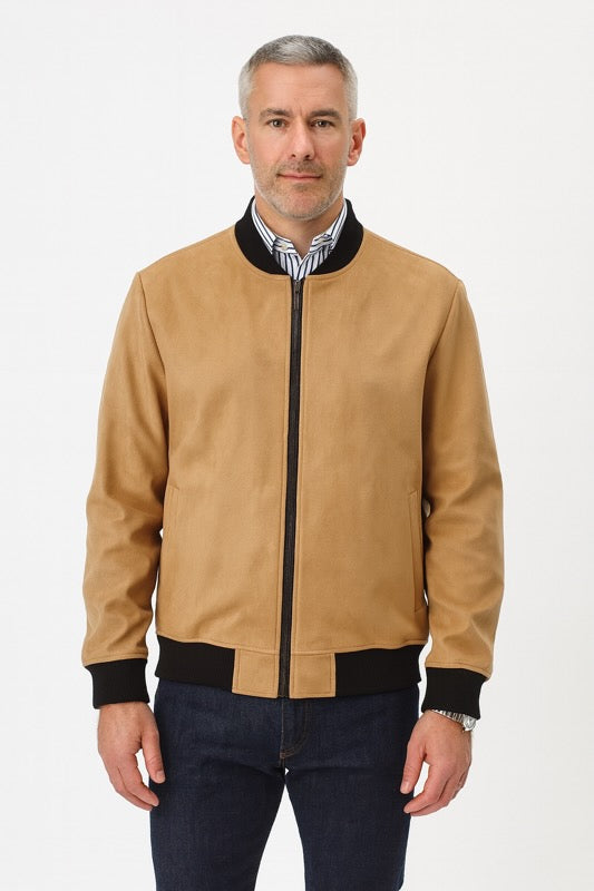 Man wearing tan micro fiber Baseball Jacket with ribbed waist and wrists, full-zip closure, adding a sleek touch to casual outfits.