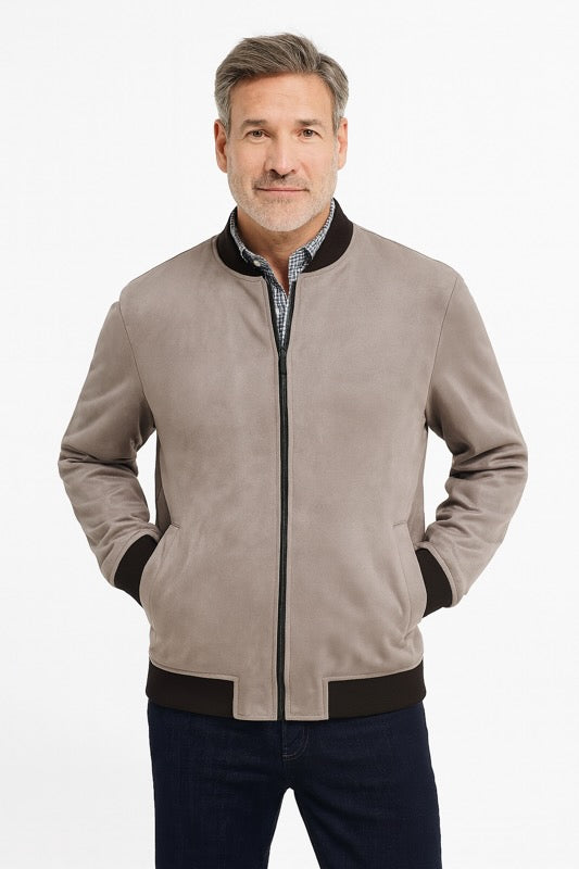 Baseball Jacket with ribbed finish, full-zip closure, microfiber material, sleek and fashionable for everyday wear.
