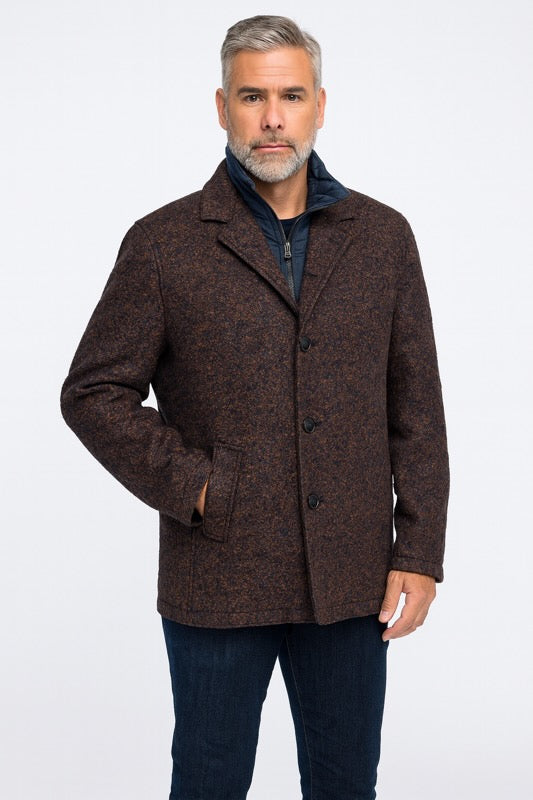 Dual-Layer Wool and Cashmere Coat - Navy/Brown Melange on male model showcasing tailored fit and premium fabric.