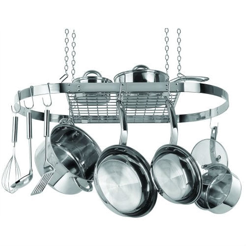 Stainless Steel Oval Pot Rack for Kitchen Cookware Storage with pots and utensils hanging
