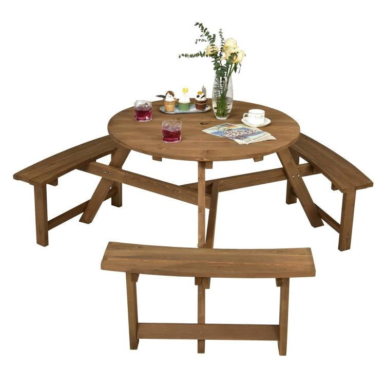 Outdoor Solid Wood Round Picnic Table Set with Umbrella Hole and 3 Benches featuring built-in benches for 6 people and stability bars.