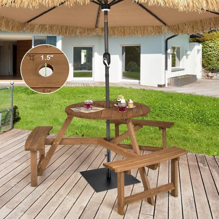 Outdoor Solid Wood Round Picnic Table Set with Umbrella Hole and 3 Benches on a sunny deck.