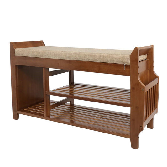 Solid Wood Entryway Shoe Rack Storage Bench with Cushioned Seat 2 Shelves and Drawer in natural wood grain finish.