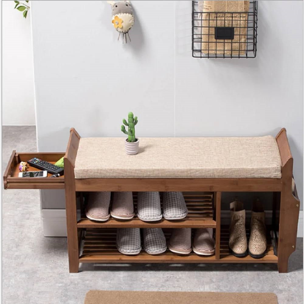 Solid Wood Entryway Shoe Rack Storage Bench with Cushioned Seat 2 Shelves and Drawer in natural wood grain finish, holds shoes and decor.