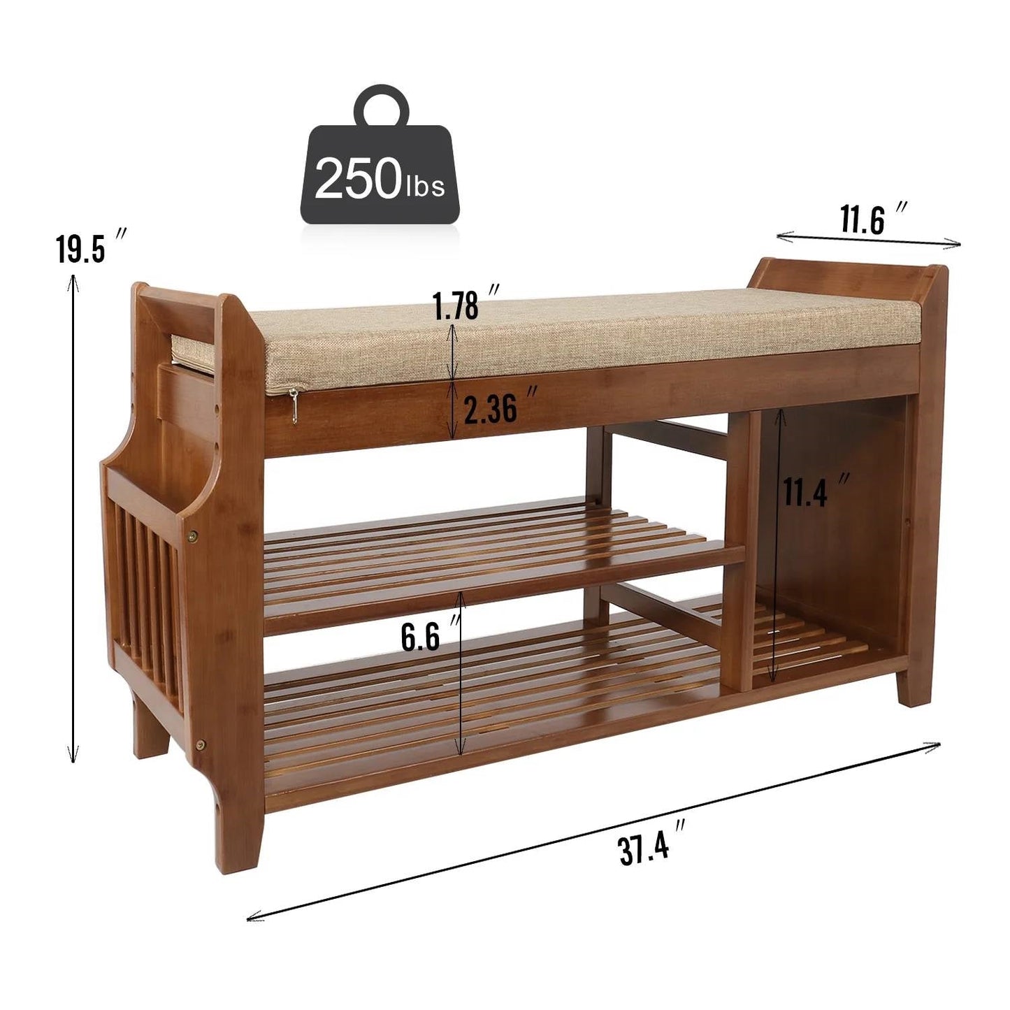 Solid Wood Entryway Shoe Rack Storage Bench with Cushioned Seat 2 Shelves and Drawer, supports 250 lbs, dimensions shown.