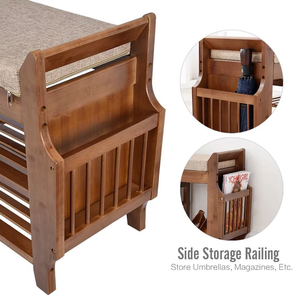 Solid Wood Entryway Shoe Rack Storage Bench with Cushioned Seat 2 Shelves and Drawer featuring side storage railing for umbrellas