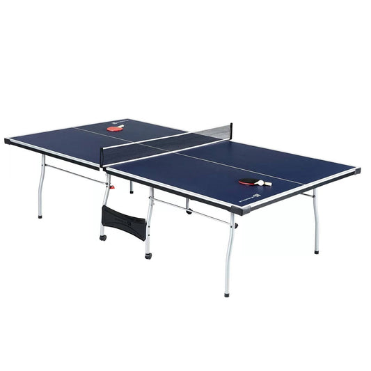 Official Size Blue Ping Pong Table Tennis Set with Net 2 Balls and 2 Paddles, features metal legs and caster wheels for easy storage