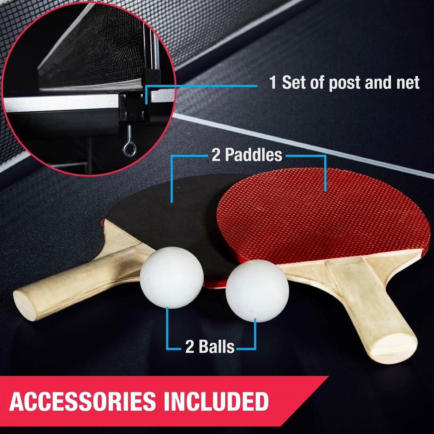 Official Size Blue Ping Pong Table Tennis Set with Net 2 Balls and 2 Paddles accessories