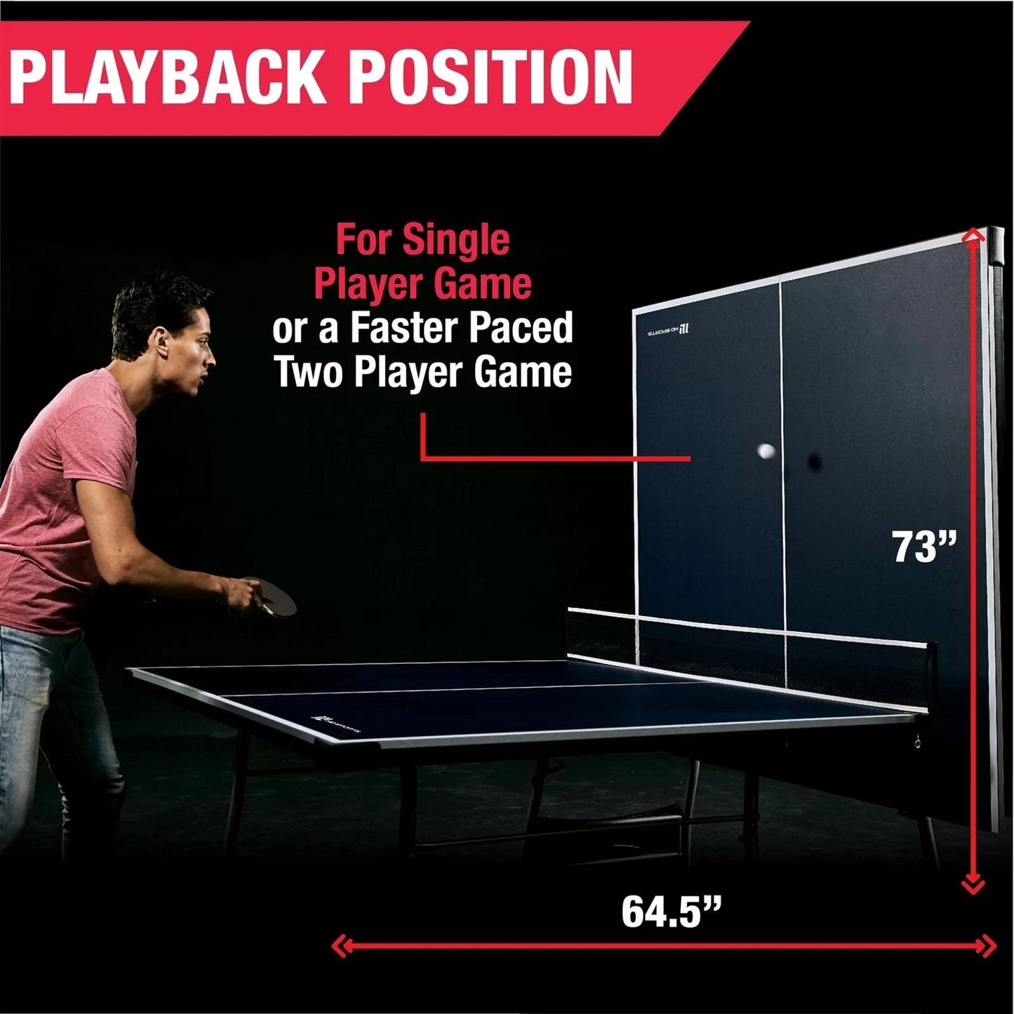 Playback position on Official Size Blue Ping Pong Table Tennis Set with Net 2 Balls and 2 Paddles showing dimensions for single player.