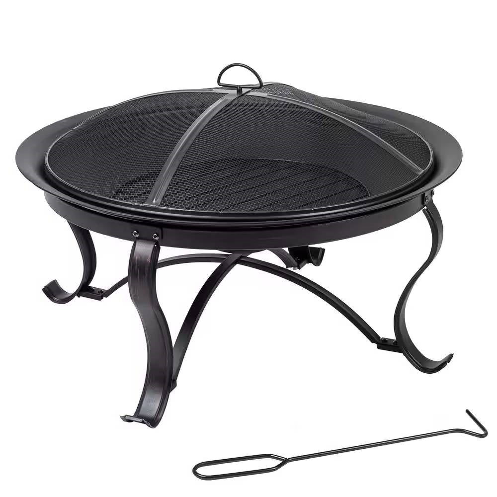 30-inch Round Steel Outdoor Fire Pit with Mesh Cover and Poker in Bronze featuring decorative legs and rubbed bronze finish