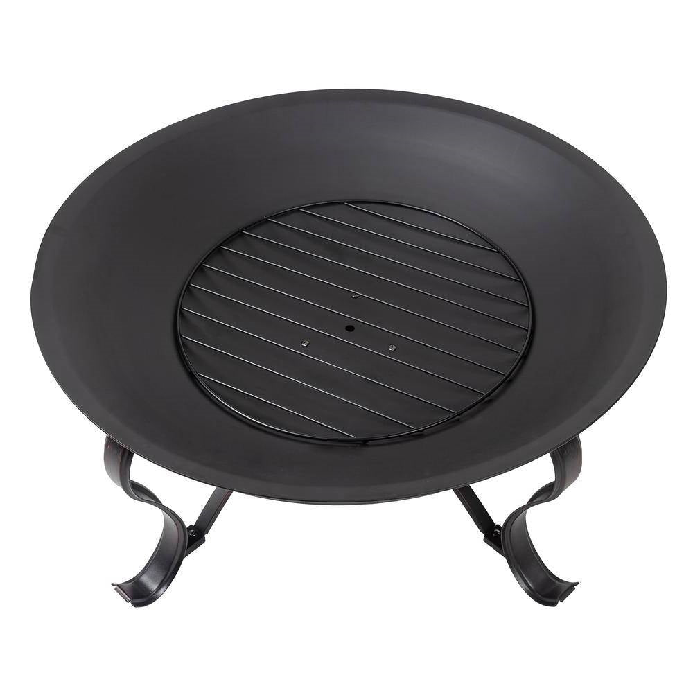 30-inch Round Steel Outdoor Fire Pit with Mesh Cover and Poker in Bronze featuring decorative legs and wood grate for enhanced fire.