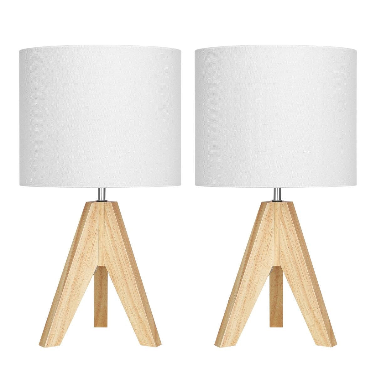 Set of 2 - Scandinavian Style Tripod Desk Lamp with White Linen Drum Shade featuring solid wood tripod base and modern design.