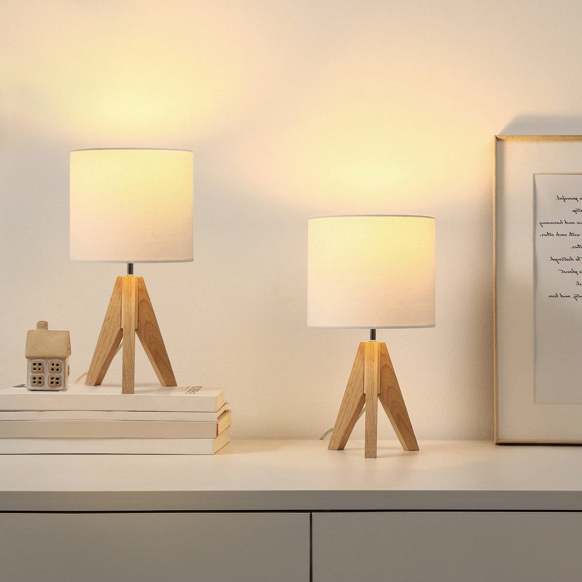 Set of 2 - Scandinavian Style Tripod Desk Lamp with White Linen Drum Shade, sleek design, ideal for living room or bedroom.