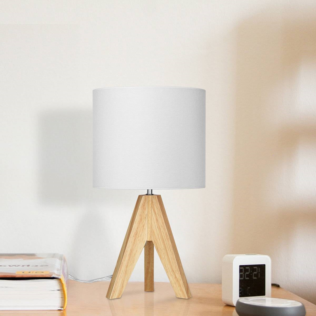 Set of 2 - Scandinavian Style Tripod Desk Lamp with White Linen Drum Shade on wooden desk with books and clock