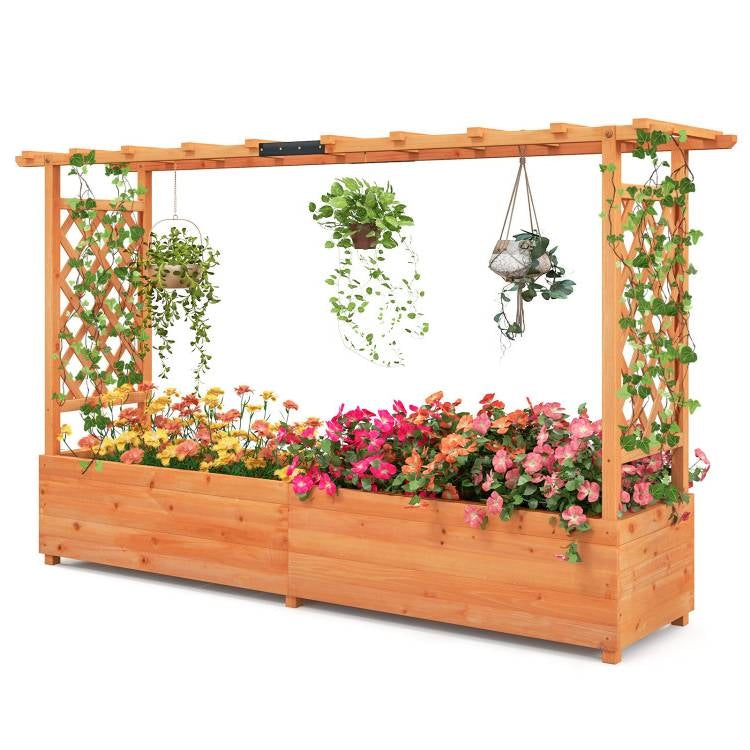 Solid Fir Wood Rectangle Raised Garden Bed with Side Trellis filled with colorful flowers and hanging plants.