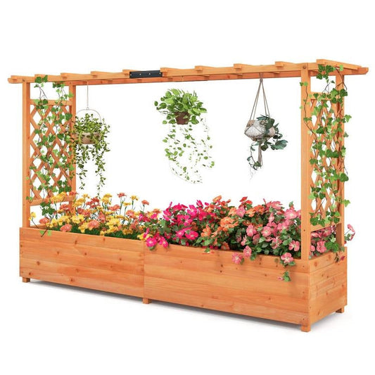 Solid Fir Wood Rectangle Raised Garden Bed with Side Trellis filled with colorful flowers and hanging plants.