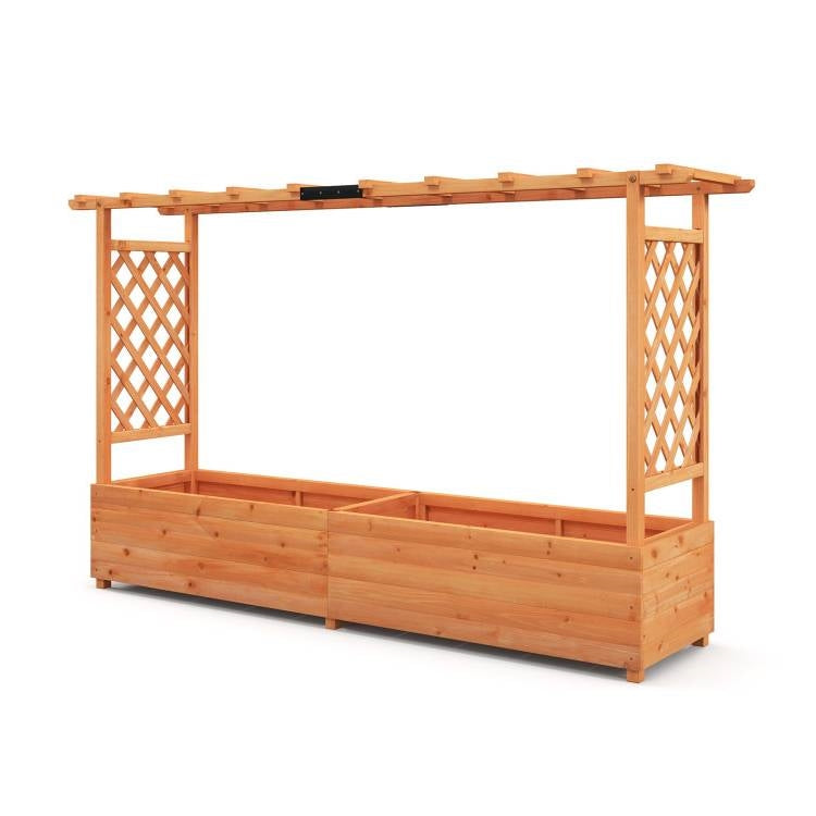 Solid Fir Wood Rectangle Raised Garden Bed with Side Trellis for plants and herbs, features natural wood finish and lattice sides.
