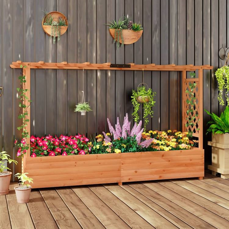 Solid Fir Wood Rectangle Raised Garden Bed with Side Trellis featuring colorful flowers on a wooden deck