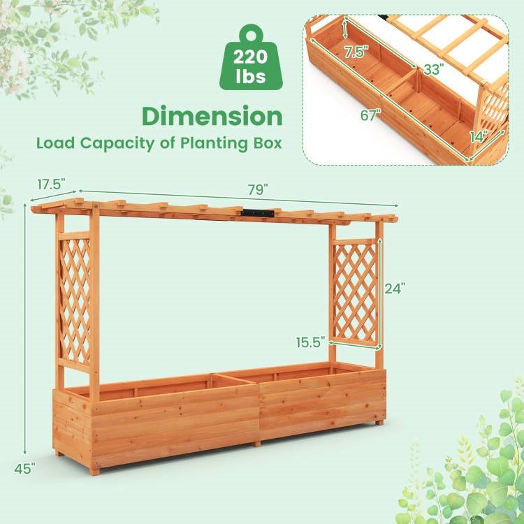 Dimensions of Solid Fir Wood Rectangle Raised Garden Bed with Side Trellis showing size and load capacity.