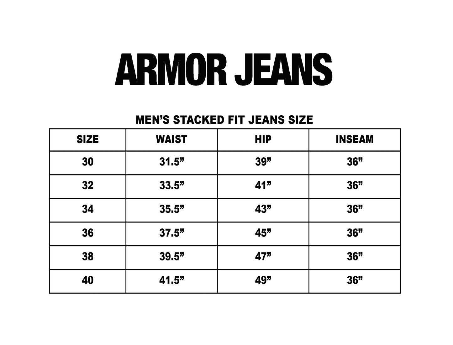 Armor Jeans Men's Stacked Fit Jeans Size Chart with waist, hip, and inseam measurements for sizes 30 to 40.