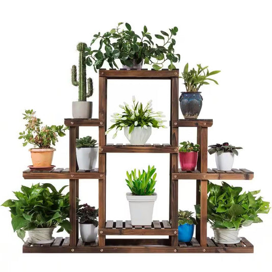 Modern Farmhouse 6-tier Wooden Bookcase Plant Stand Shelving Unit with plants, eco-friendly solid wood construction. 